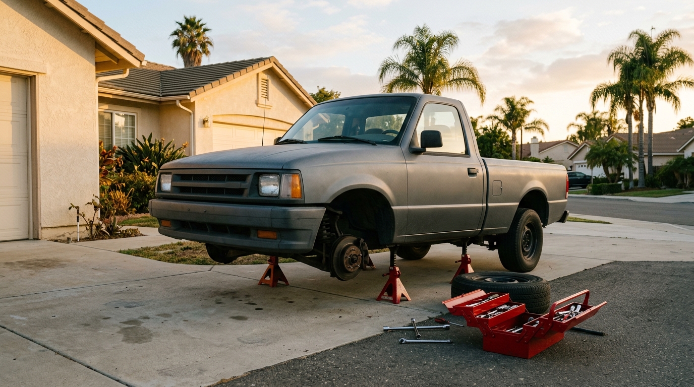 A pickup on jack stands in a driveway at sunset