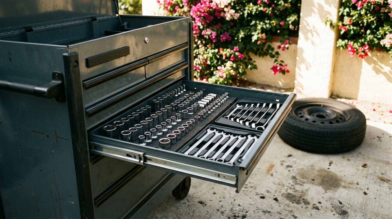 A tool cart in a sunlit driveway