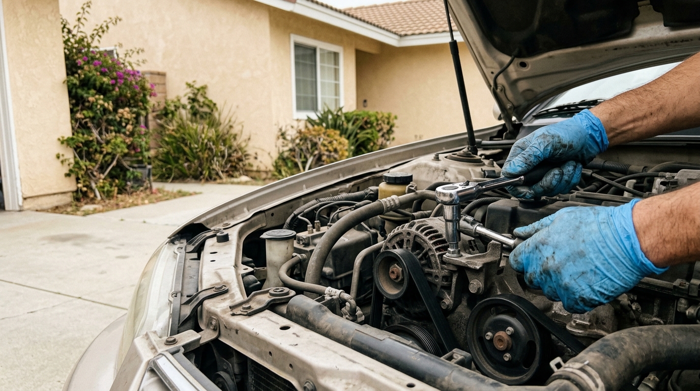 Gloved hands with a ratchet under an open hood in a driveway